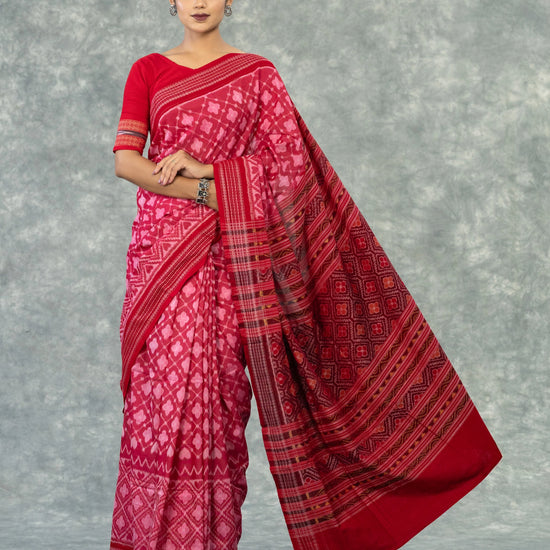 Premium Coral Red Fine Cotton Single Ikat Saree - Pallu and anchal detail