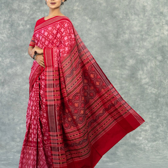 Premium Coral Red Fine Cotton Single Ikat Saree - Border and weave close-up