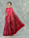 Premium Coral Red Fine Cotton Single Ikat Saree - Border and weave close-up