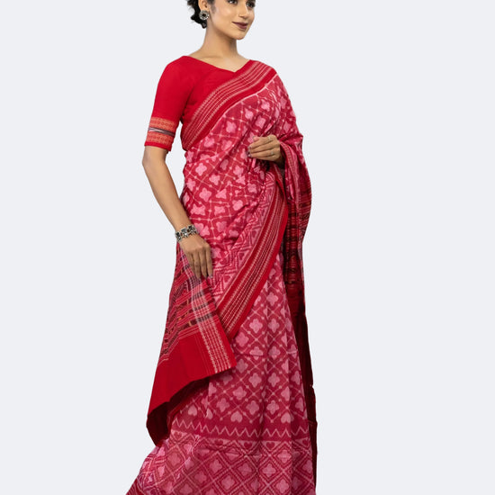 Premium Coral Red Fine Cotton Single Ikat Saree - Full drape view