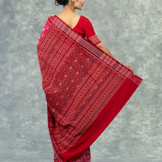 Premium Coral Red Fine Cotton Single Ikat Saree - Body motifs and craftsmanship