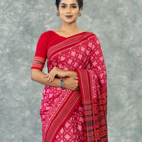Premium Coral Red Fine Cotton Single Ikat Saree - Fabric texture and drape