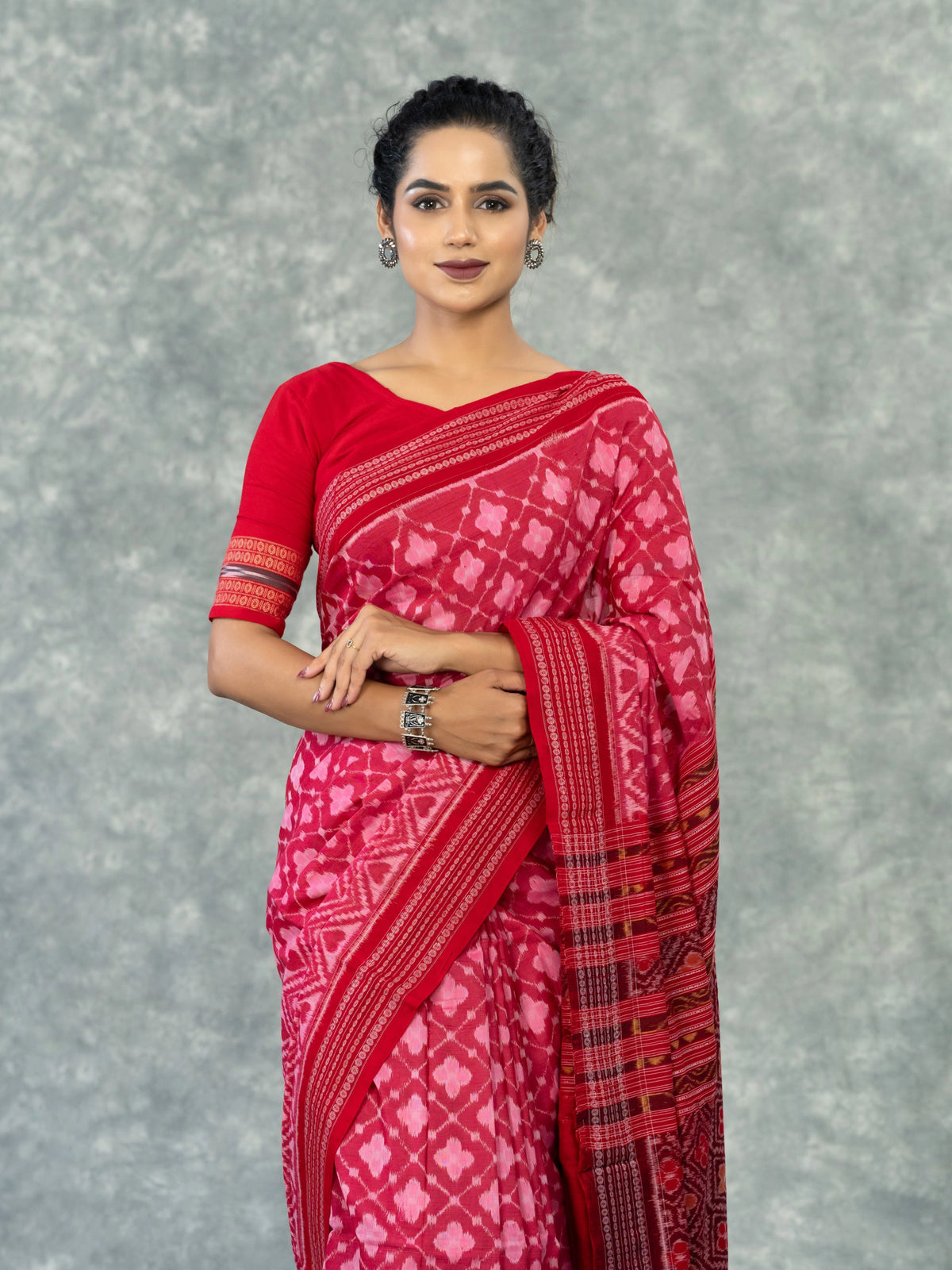 Premium Coral Red Fine Cotton Single Ikat Saree - Fabric texture and drape