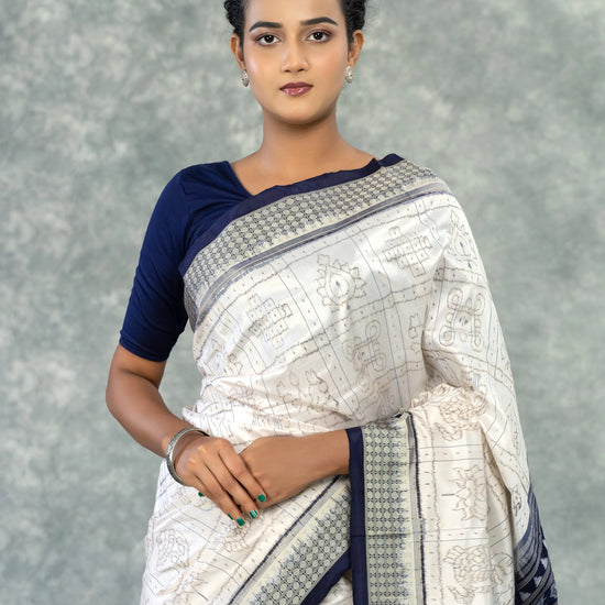 Luxury Ivory & Indigo Mulberry Silk Nabakothi Saree - Fabric texture and drape