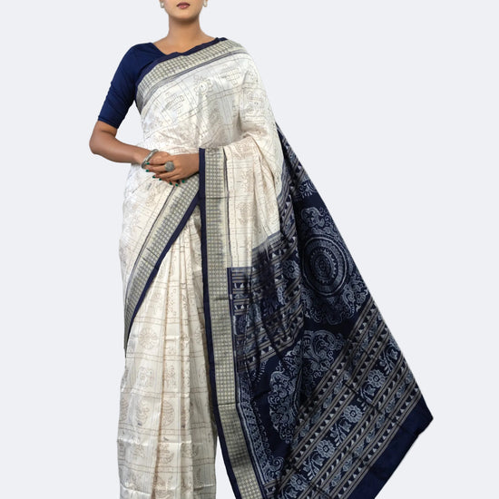 Luxury Ivory & Indigo Mulberry Silk Nabakothi Saree - Full drape view