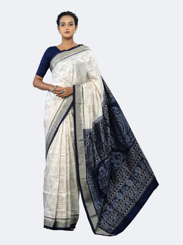 Luxury Ivory & Indigo Mulberry Silk Nabakothi Saree - Full drape view