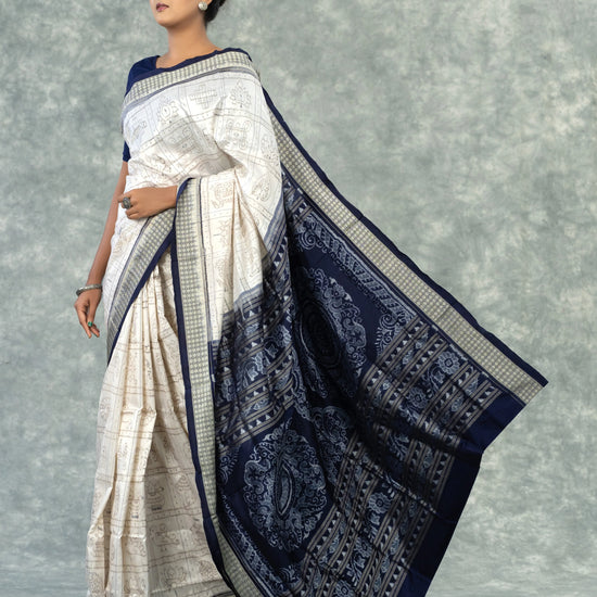 Luxury Ivory & Indigo Mulberry Silk Nabakothi Saree - Pallu and anchal detail