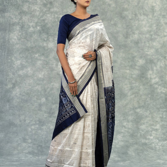 Luxury Ivory & Indigo Mulberry Silk Nabakothi Saree - Border and weave close-up