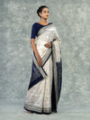 Luxury Ivory & Indigo Mulberry Silk Nabakothi Saree - Border and weave close-up