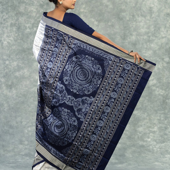 Luxury Ivory & Indigo Mulberry Silk Nabakothi Saree - Body motifs and craftsmanship