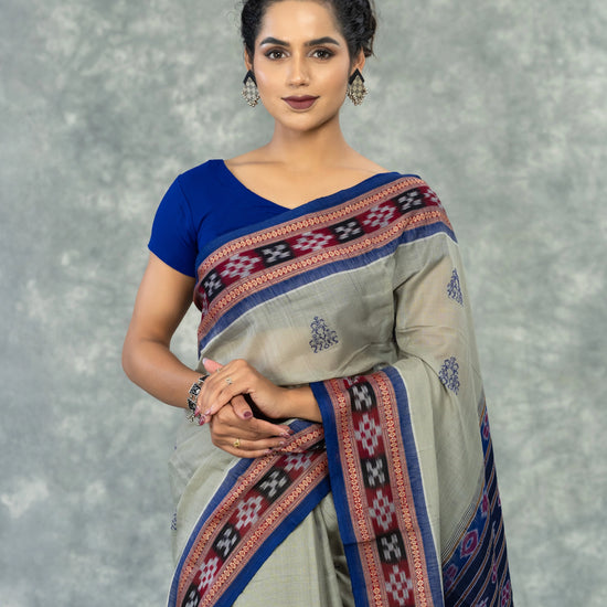 Premium Sage Grey Pure Cotton Extra Weft Saree - Fabric texture and drape