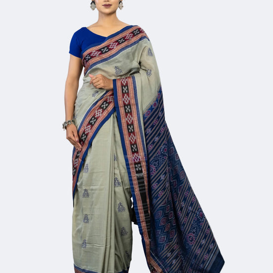 Premium Sage Grey Pure Cotton Extra Weft Saree - Full drape view