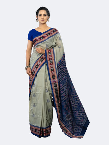 Premium Sage Grey Pure Cotton Extra Weft Saree - Full drape view