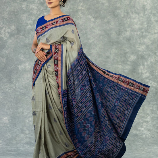 Premium Sage Grey Pure Cotton Extra Weft Saree - Border and weave close-up