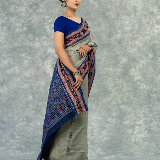 Premium Sage Grey Pure Cotton Extra Weft Saree - Pallu and anchal detail