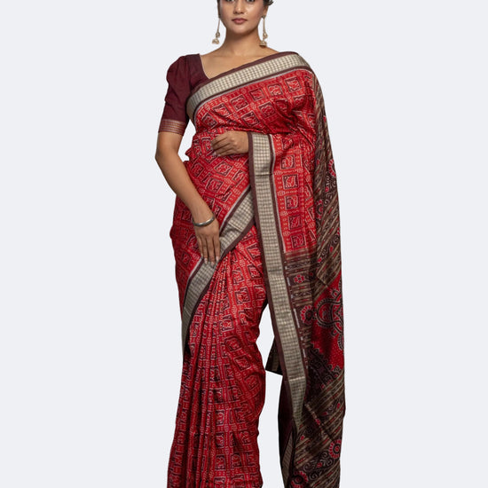 Rich Red Pure Mulberry Silk Single Ikat Saree - Full drape view