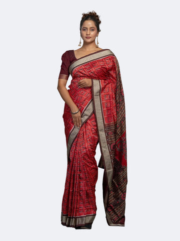Rich Red Pure Mulberry Silk Single Ikat Saree - Full drape view