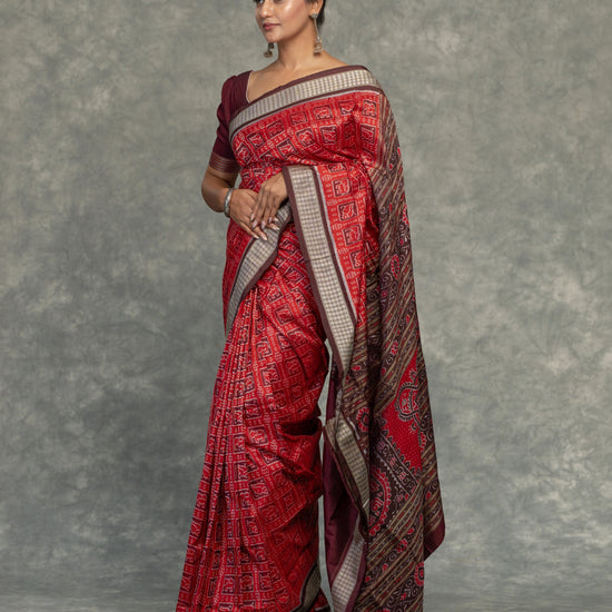 Rich Red Pure Mulberry Silk Single Ikat Saree - Pallu and anchal detail