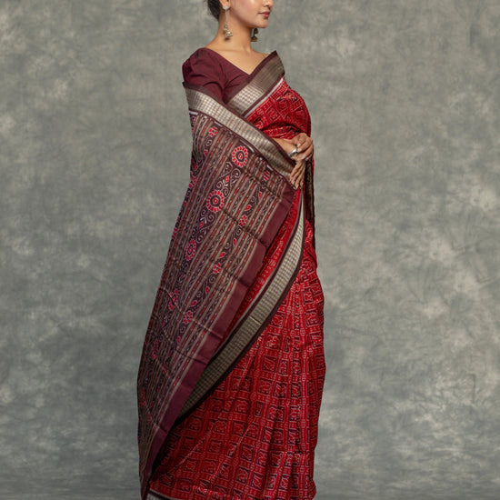 Rich Red Pure Mulberry Silk Single Ikat Saree - Border and weave close-up
