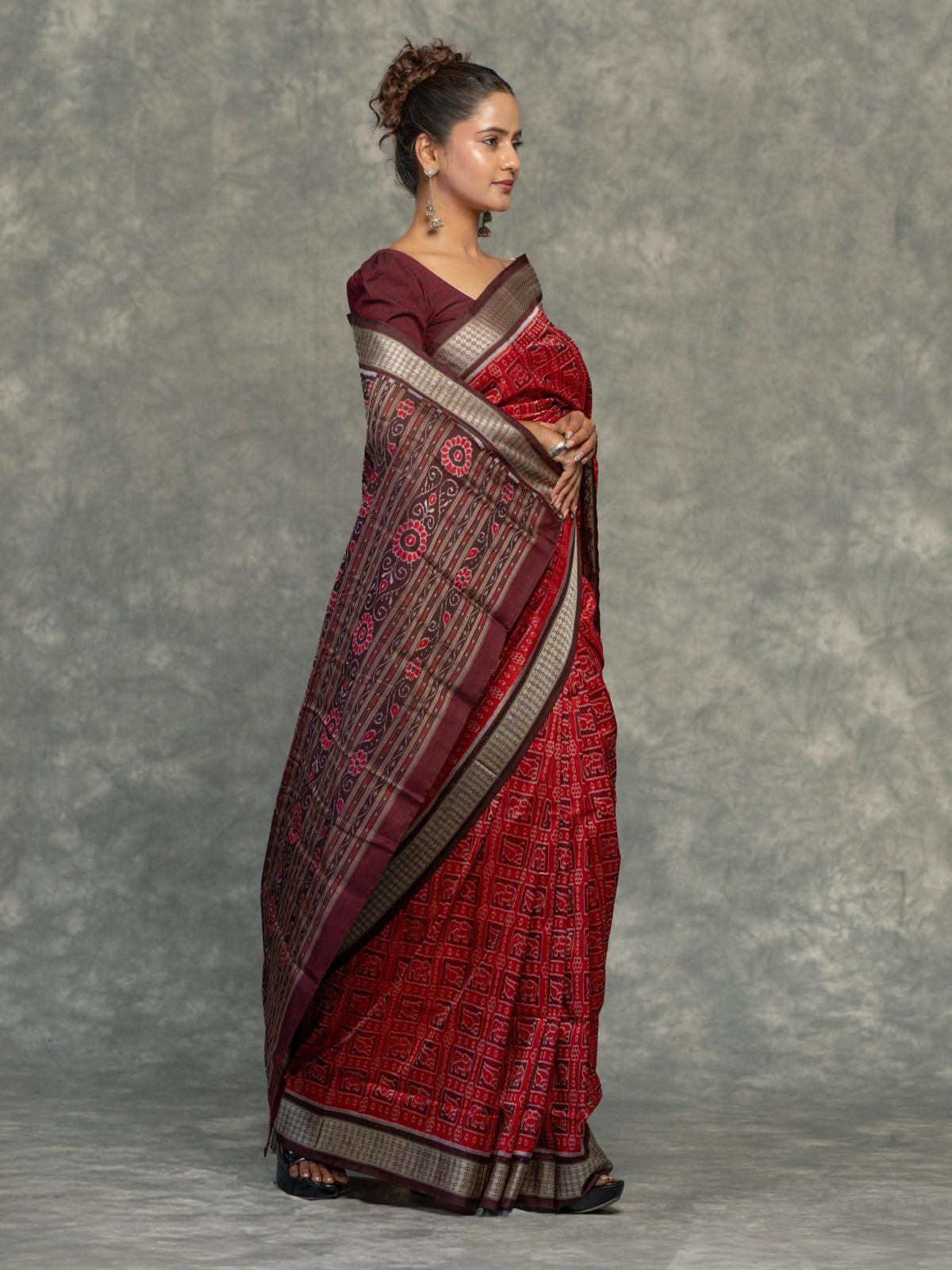 Rich Red Pure Mulberry Silk Single Ikat Saree - Border and weave close-up