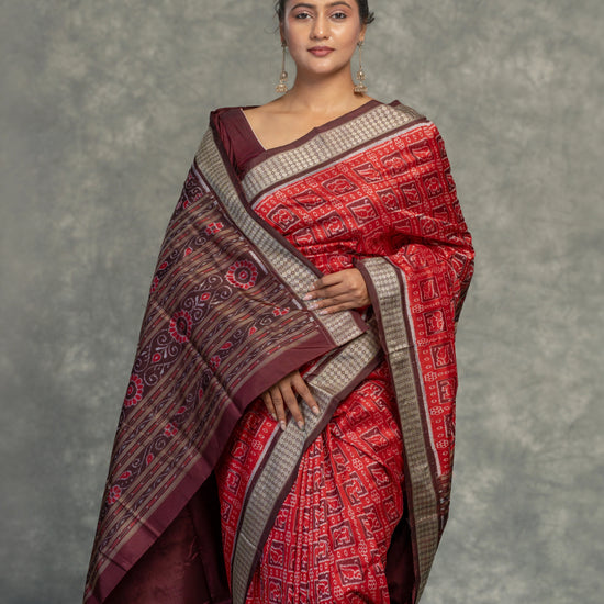 Rich Red Pure Mulberry Silk Single Ikat Saree - Fabric texture and drape