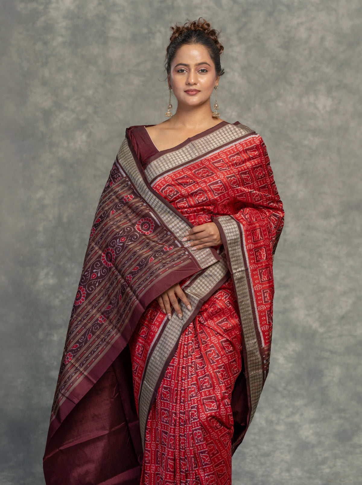 Rich Red Pure Mulberry Silk Single Ikat Saree - Fabric texture and drape