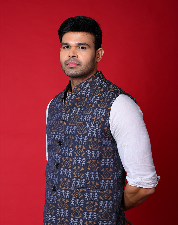 Handwoven Cotton Bundi Jacket – Blue Traditional Motifs, Sleeveless, Button Closure