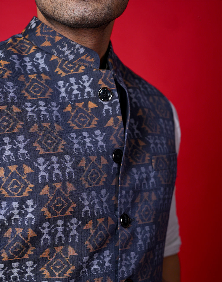 Handwoven Cotton Bundi Jacket – Blue Traditional Motifs, Sleeveless, Button Closure