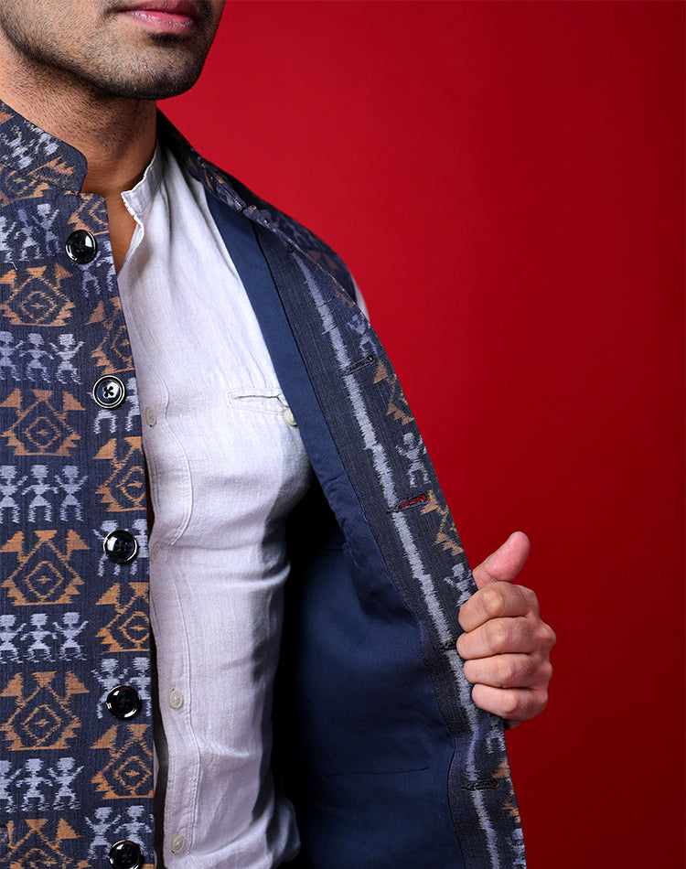 Handwoven Cotton Bundi Jacket – Blue Traditional Motifs, Sleeveless, Button Closure
