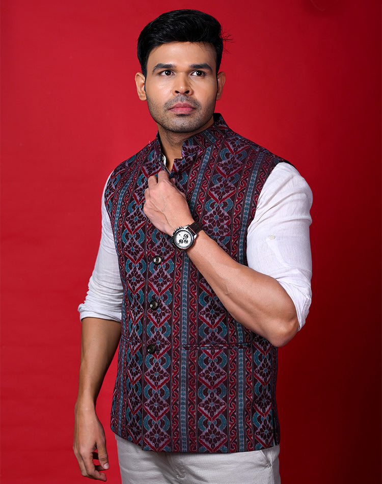 Handwoven Cotton Bundi Jacket — Maroon‑Black Traditional Motifs, Sleeveless, Button Closure
