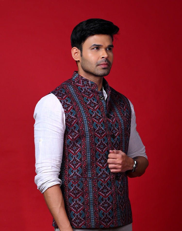 Handwoven Cotton Bundi Jacket — Maroon‑Black Traditional Motifs, Sleeveless, Button Closure