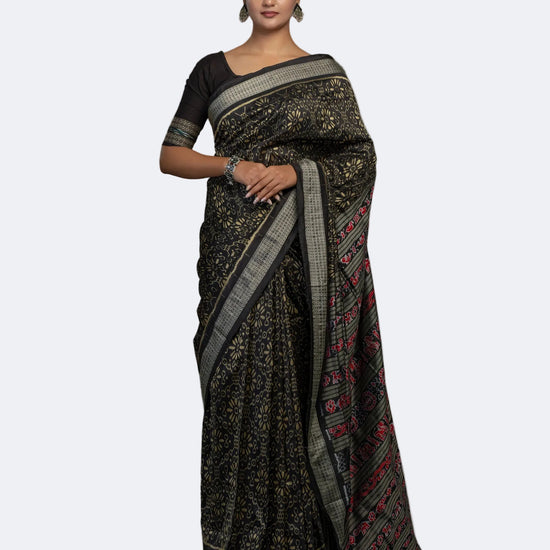 Black & Yellow Mulberry Silk Odisha Ikat Saree - Full drape view