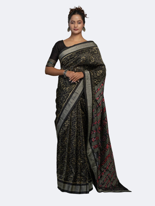 Black & Yellow Mulberry Silk Odisha Ikat Saree - Full drape view