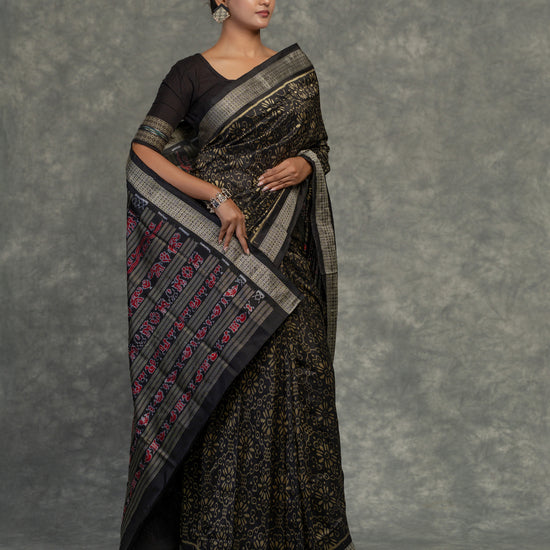 Black & Yellow Mulberry Silk Odisha Ikat Saree - Pallu and anchal detail