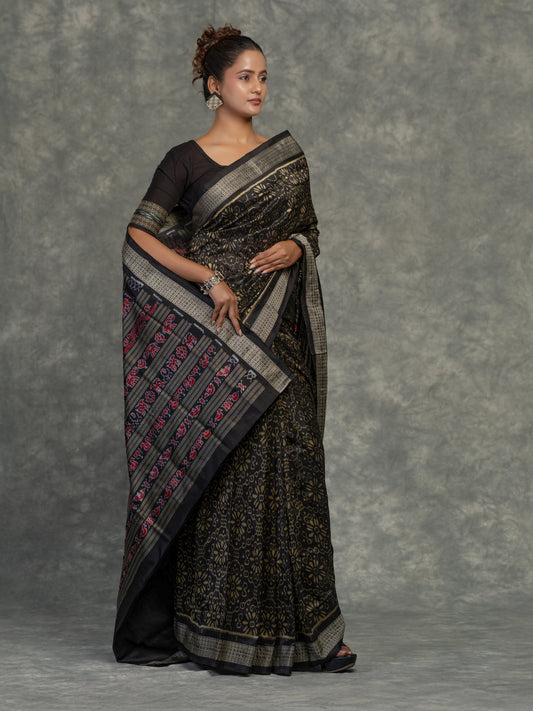 Black & Yellow Mulberry Silk Odisha Ikat Saree - Pallu and anchal detail