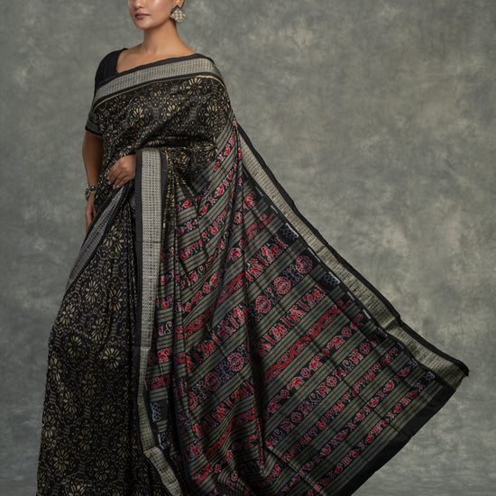 Black & Yellow Mulberry Silk Odisha Ikat Saree - Border and weave close-up