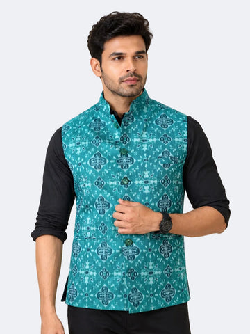 Teal Blue Ikat Printed Bundi Jacket for Men