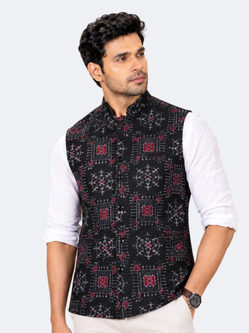 Black Ikat Printed Bundi Jacket for Men