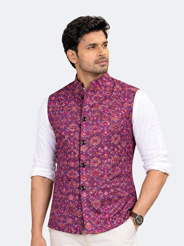 Purple Ikat Printed Bundi Jacket for Men