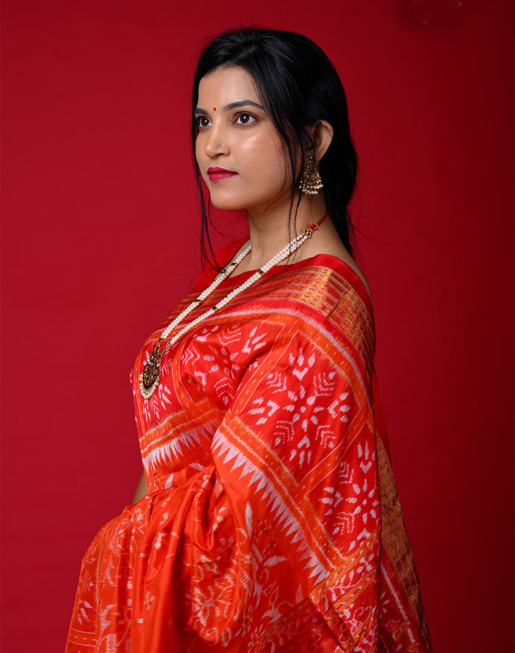 Half Tissue Silk Bandha Saree – Orange with Golden‑Red Border & Pallu