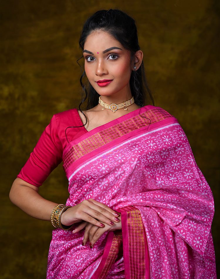 Half Tissue Silk Bandha Saree — Pink with Subtle Sheen, Festive & Wedding Wear