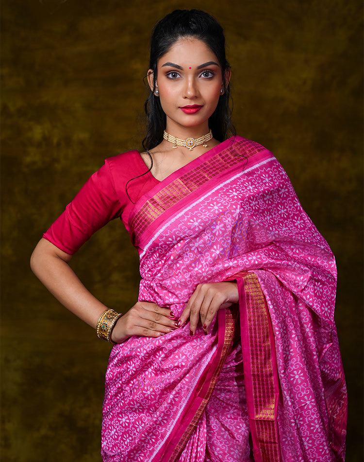 Half Tissue Silk Bandha Saree — Pink with Subtle Sheen, Festive & Wedding Wear