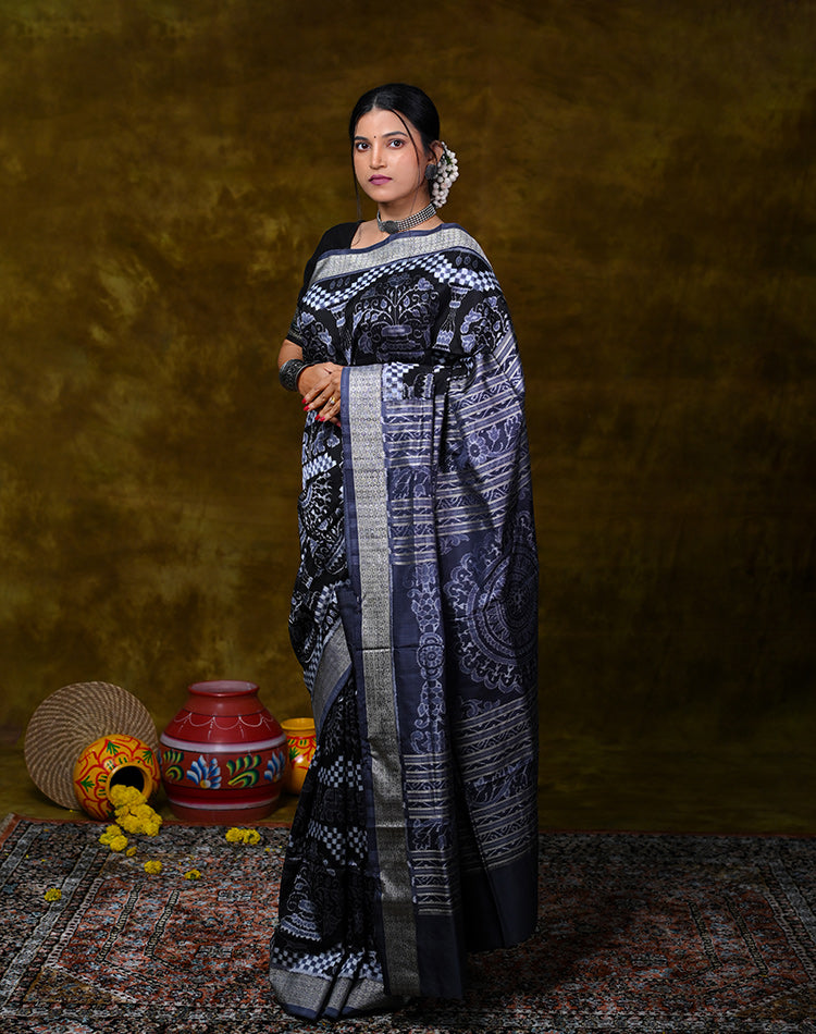 Handwoven Bandha Silk Saree — Black & White, 100% Pure Silk, Festive & Formal