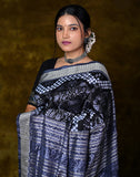 Handwoven Bandha Silk Saree — Black & White, 100% Pure Silk, Festive & Formal