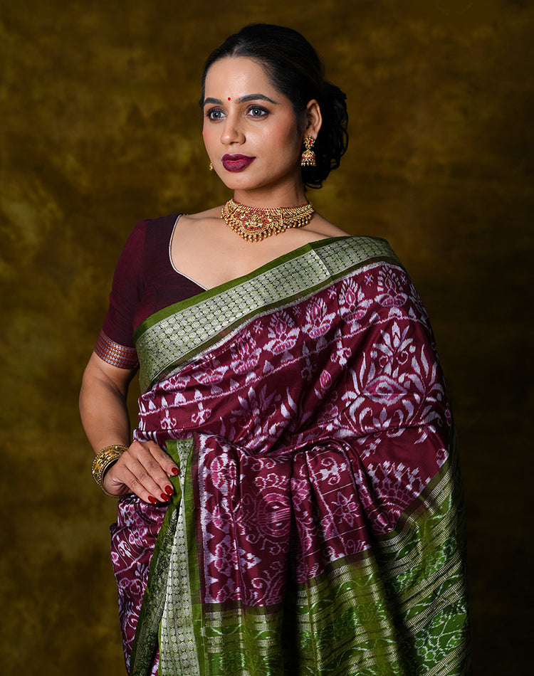 Handwoven Bandha Silk Saree — Magenta with Green Contrast, 100% Pure Silk