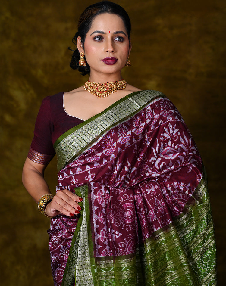 Handwoven Bandha Silk Saree — Magenta with Green Contrast, 100% Pure Silk