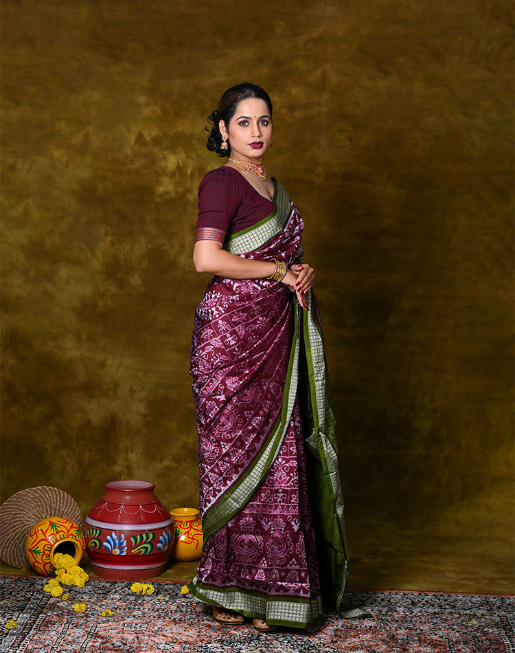 Handwoven Bandha Silk Saree — Magenta with Green Contrast, 100% Pure Silk