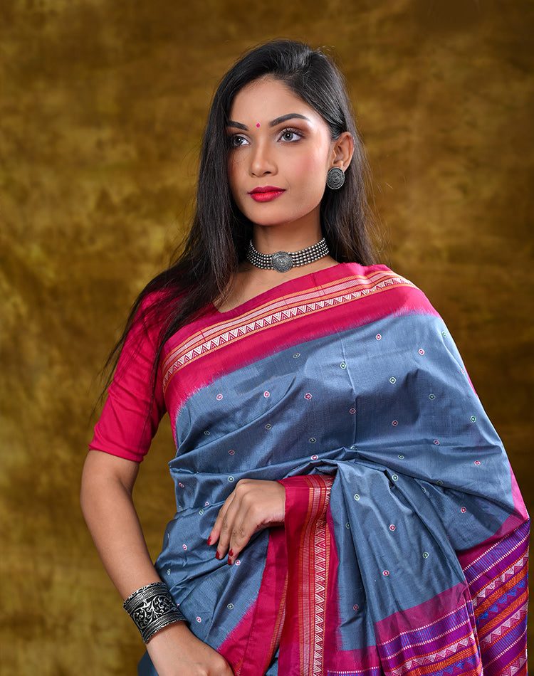 Bomkai Silk Saree — Blue with Pink Border & Pallu, 100% Pure Silk