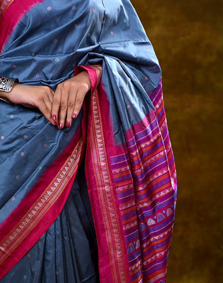 Bomkai Silk Saree — Blue with Pink Border & Pallu, 100% Pure Silk