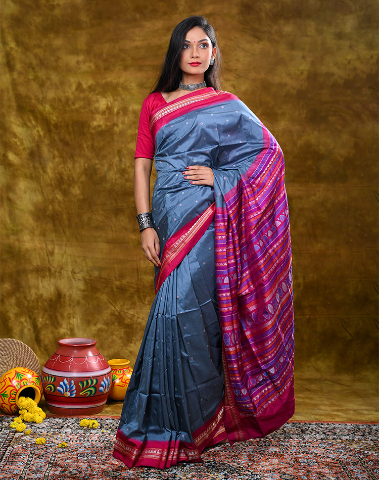 Bomkai Silk Saree — Blue with Pink Border & Pallu, 100% Pure Silk